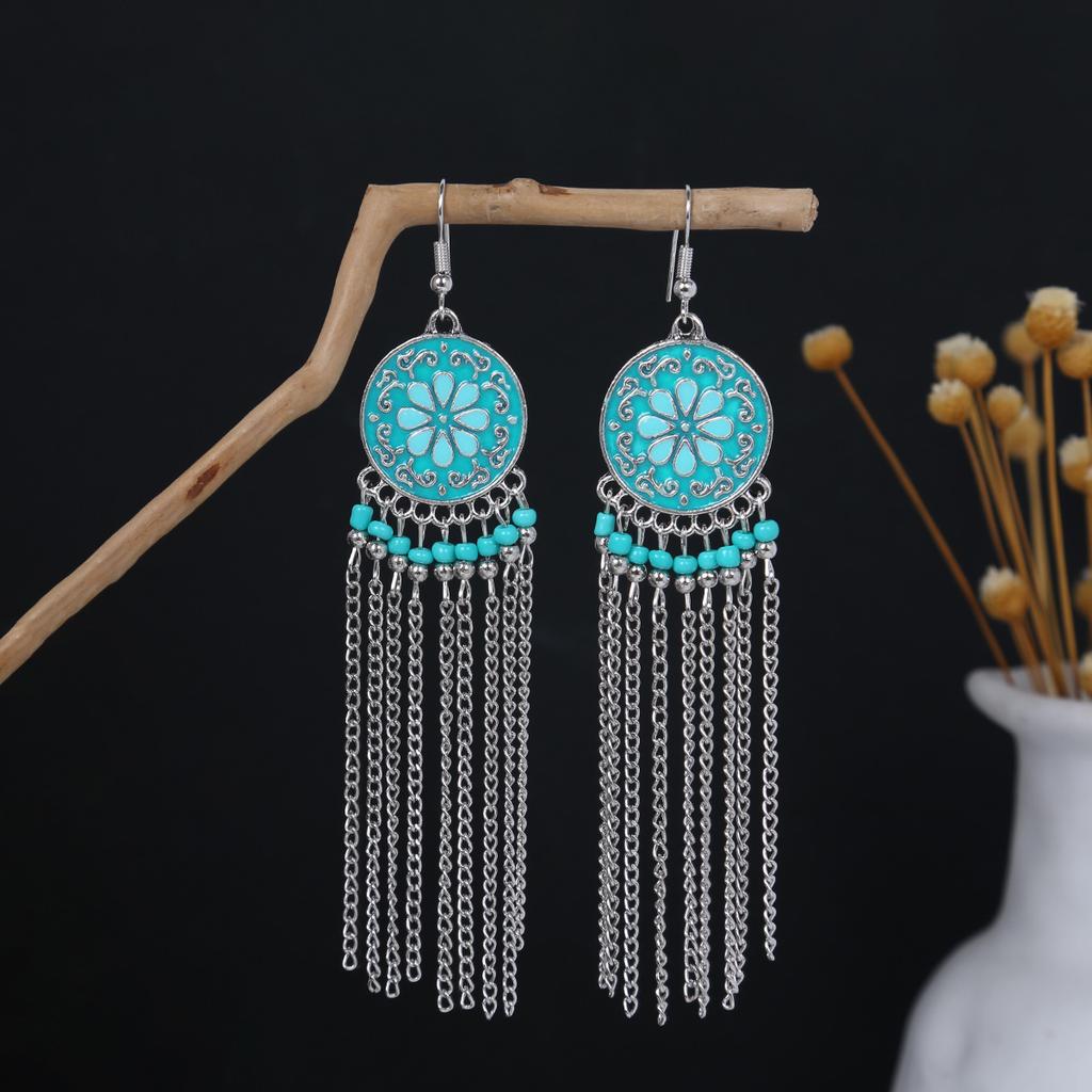 Europe, America, Bohemian Ethnic Style Oval Earrings, Retro Tourist Attractions, Ethnic Minority Fringed Beaded Earrings