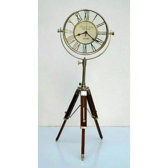 Nautical Antique brass desk clock adjustable wooden tripod stand marine decor