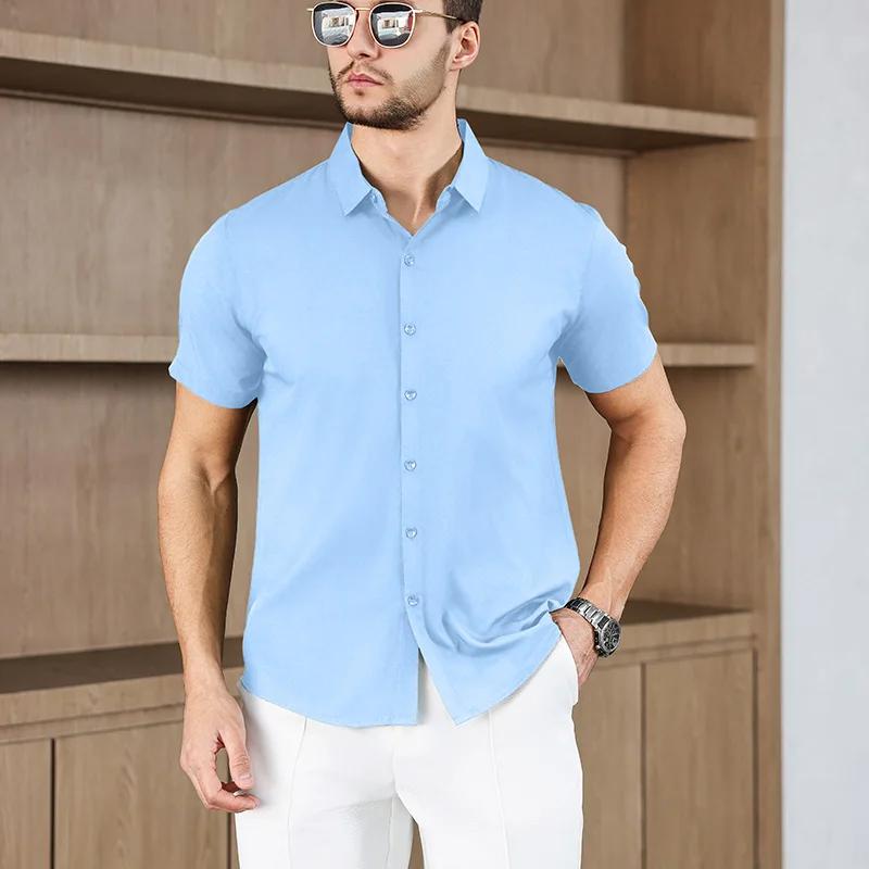 Men's Business Casual Solid Color Short Sleeved Shirt for Summer Fashion No Ironing Comfortable and Versatile Top