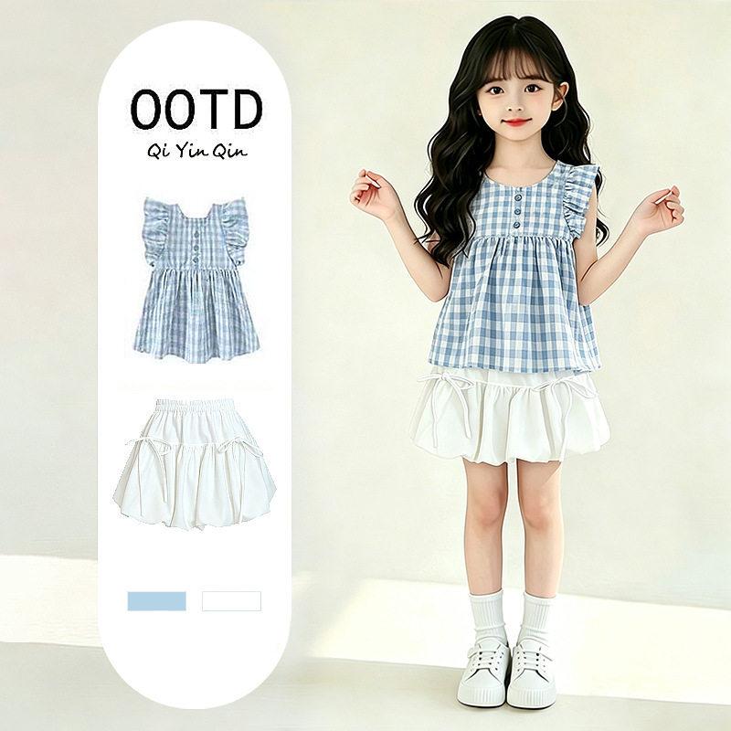 Girls Summer Plaid Two Piece Set Flutter Sleeve Doll Top And Bud Skirt Fashion Outfit For Big Kids