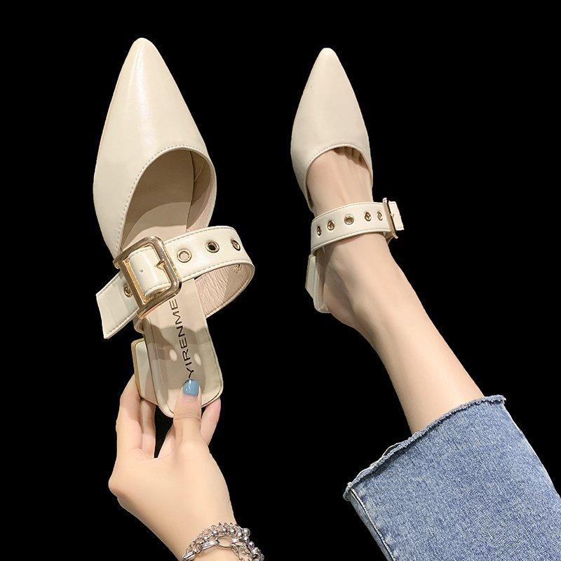 Belt Buckle Half Slippers Women's Outer Wear 2025 Summer New Korean Version Pointed Thick Heel Bag Head Slippers Women