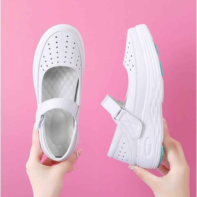 Women Genuine Leather Flat Shoes Casual White Wedge Heel Soft Sole Non Slip Caring Comfortable Mother Nurse Work Shoes