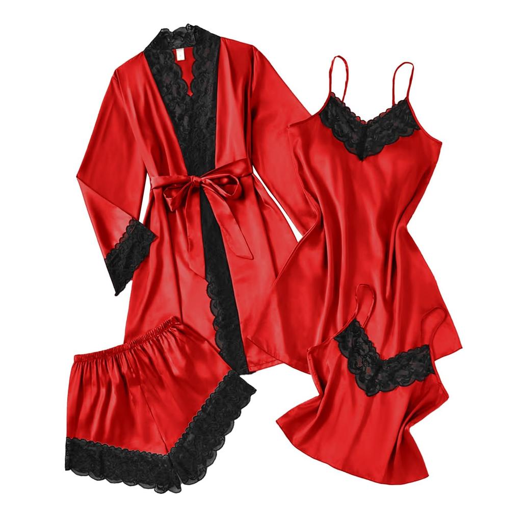 Women's 4,piece Satin Pajama Set, Soft Satin Sleepwear Set