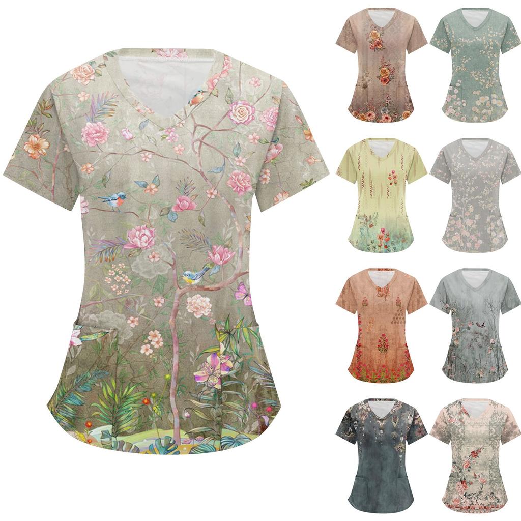 Women's Retro Floral  Printed Short Sleeve V-neck Tops Working Pocket Blouse