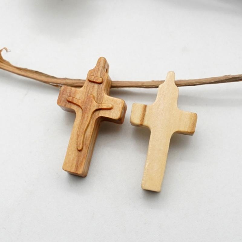 Natural Wood Religious Crosses With Intricate Relief Design For Prayer Beads And DIY Crafts