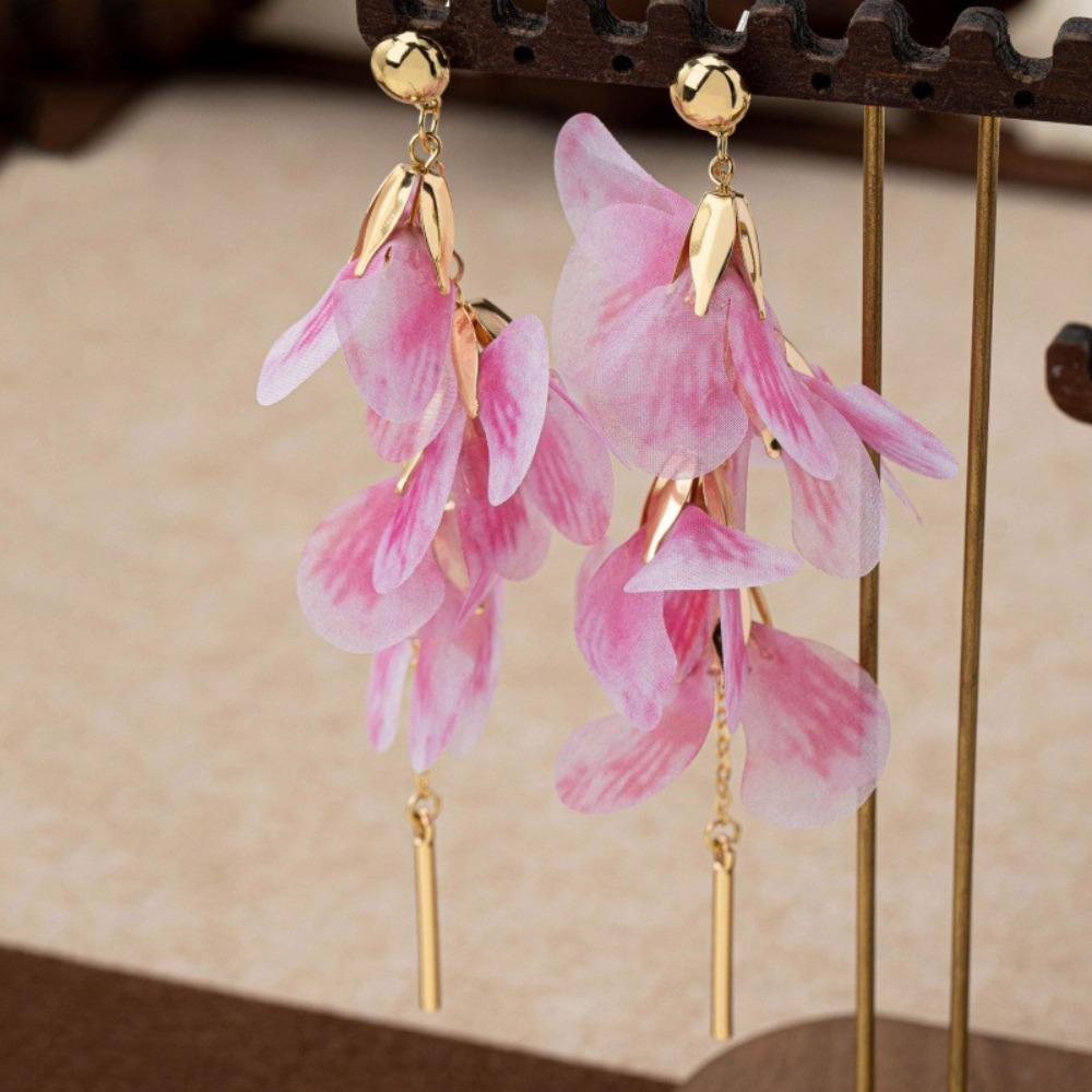 Romantic Charm Pink Purple Mesh Yarn Flower Gold Color Chain Tassels Dangle Earrings for Women Sweet Vacation Jewelry Accessory