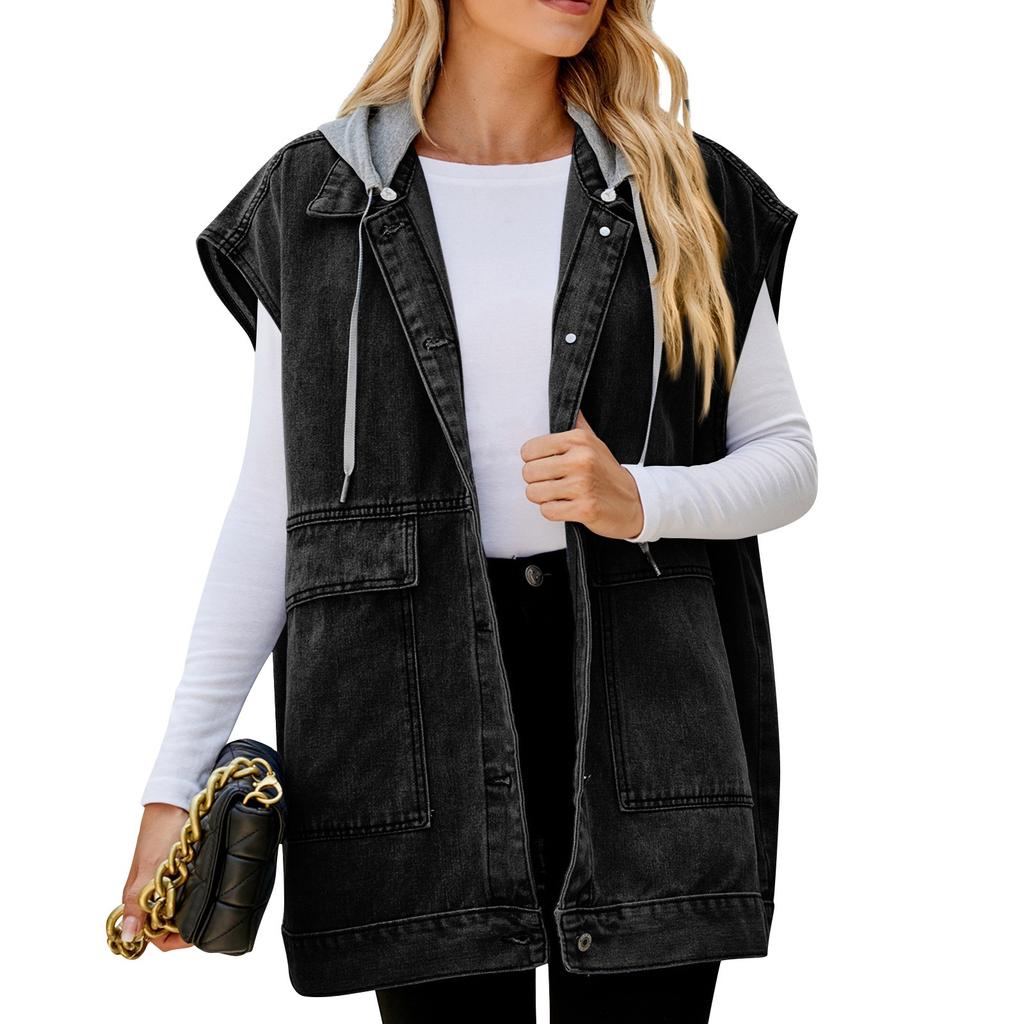 Women's Casual Loose Vintage Denim Vest Hooded Jacket