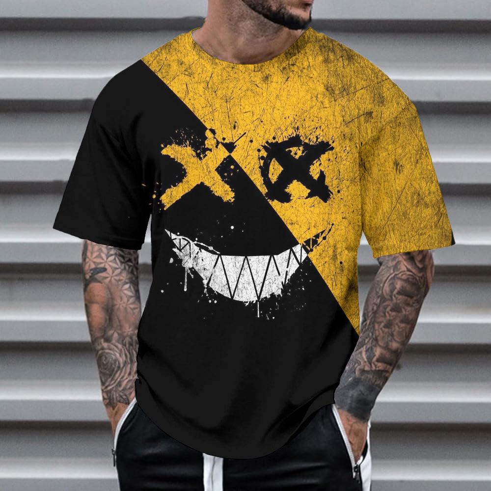 Summer Round Neck 3D Neon Graffiti Skull Graphic Print Top Fashionable Casual Short Sleeved Men's T-shirts