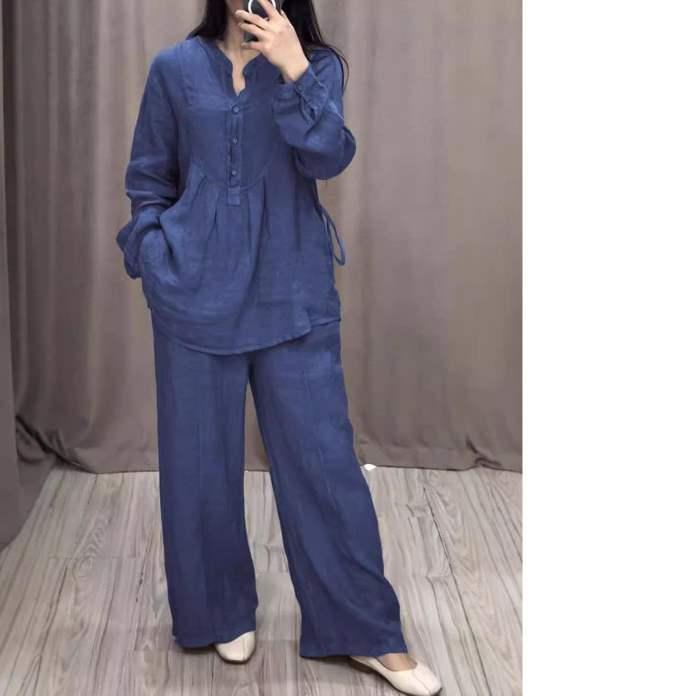 

Женский комплект из 2 предметов, модный офисный женский хлопковый льняной повседневный свободный костюм с широкими брюками, весна, лето, осень, женские комплекты на четыре сезона XXXL темно-синий