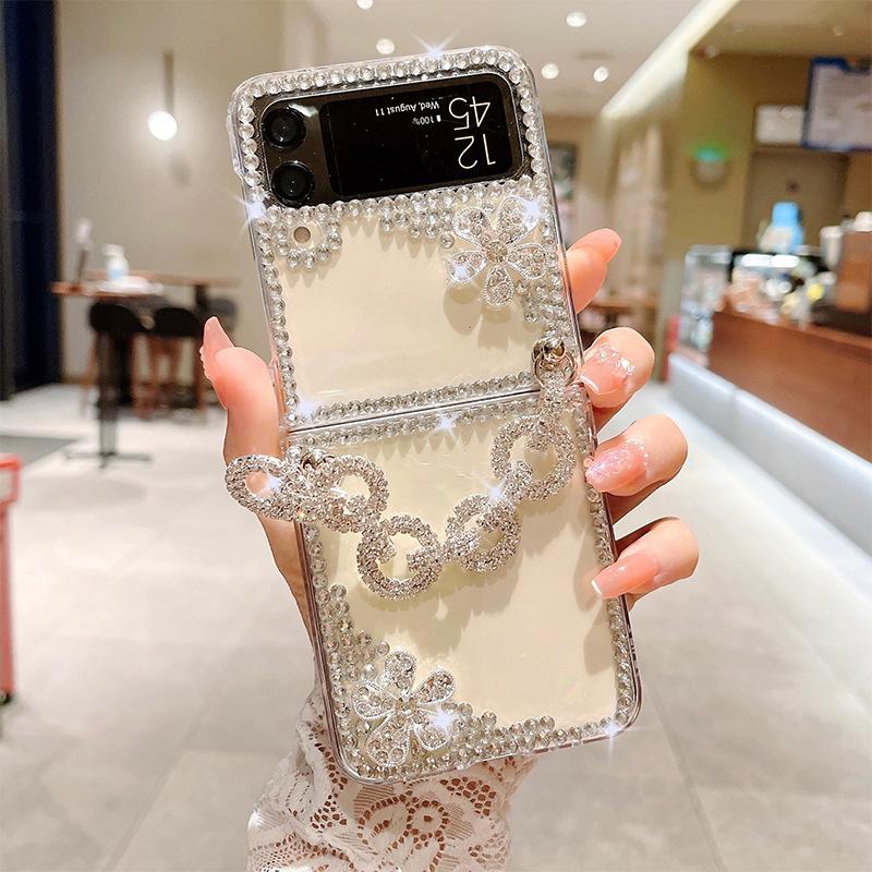 Strass-Perlen-Blumen-Handyhülle für Samsung Zflip6 Klapp-Faltbildschirm Handkette