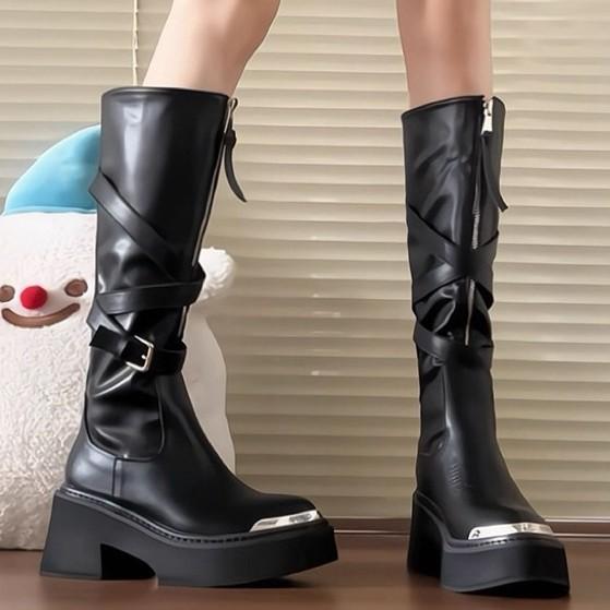 Cowhide version~ pointed metal boots for women wear thin boots but knee boots thick-soled high knight boots