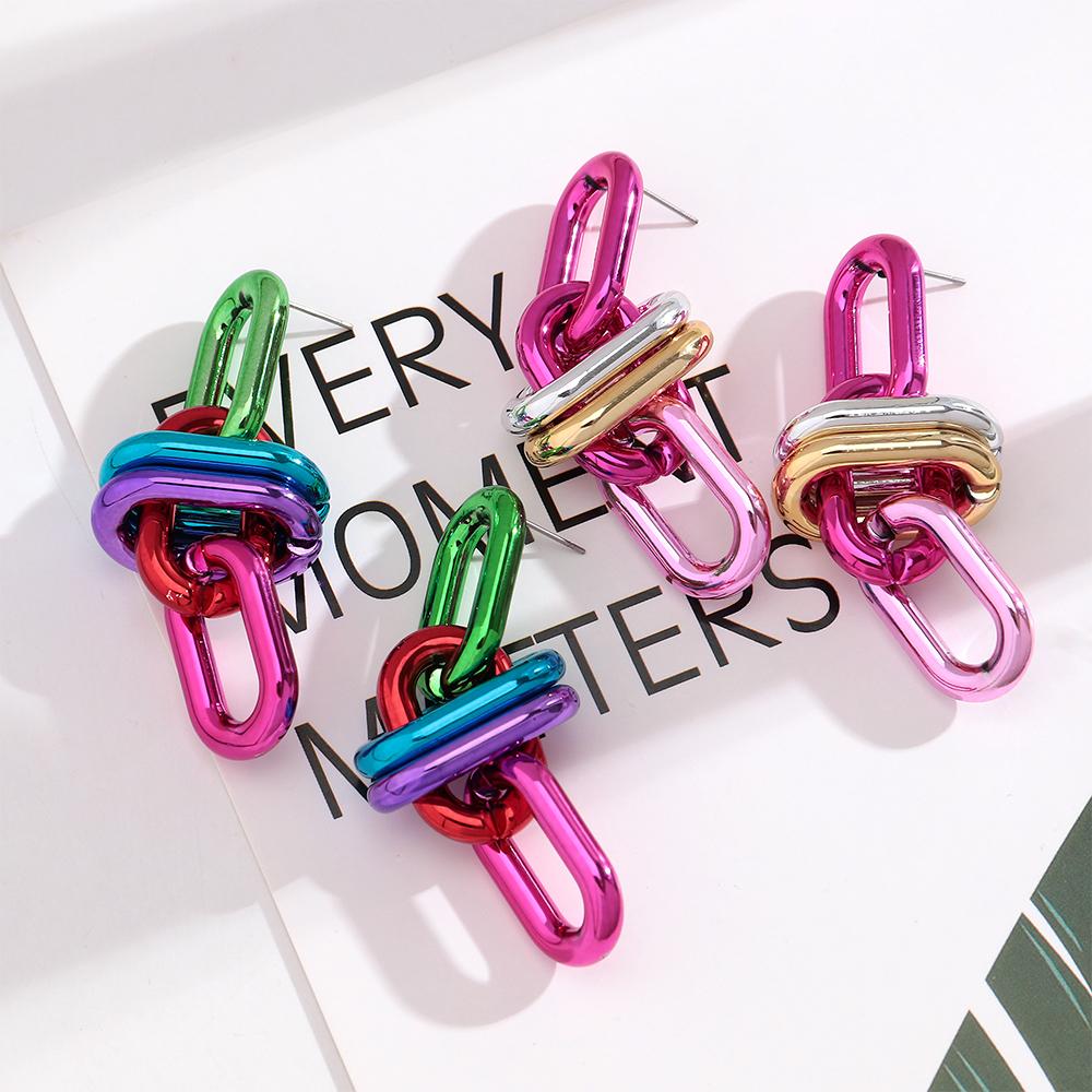 Retro Acrylic Oval Link Drop Earrings for Women New Trendy Metallic Colorful Geometric Chain Long Earring Punk Jewelry Gifts