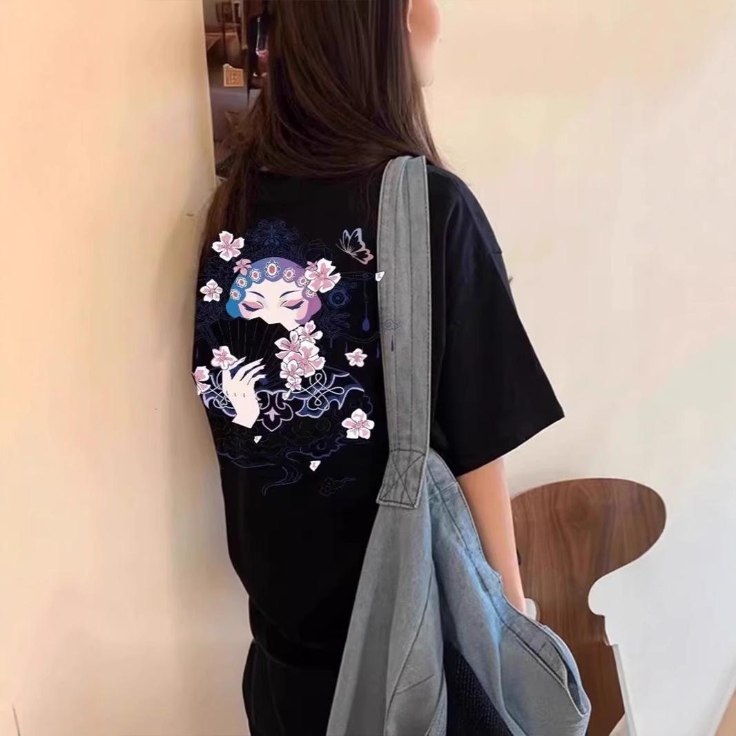 

Маленький Приталенный Женский Топ с Коротким Рукавом в Китайском Стиле с Принтом - Летний Тренд 2025 L чёрный