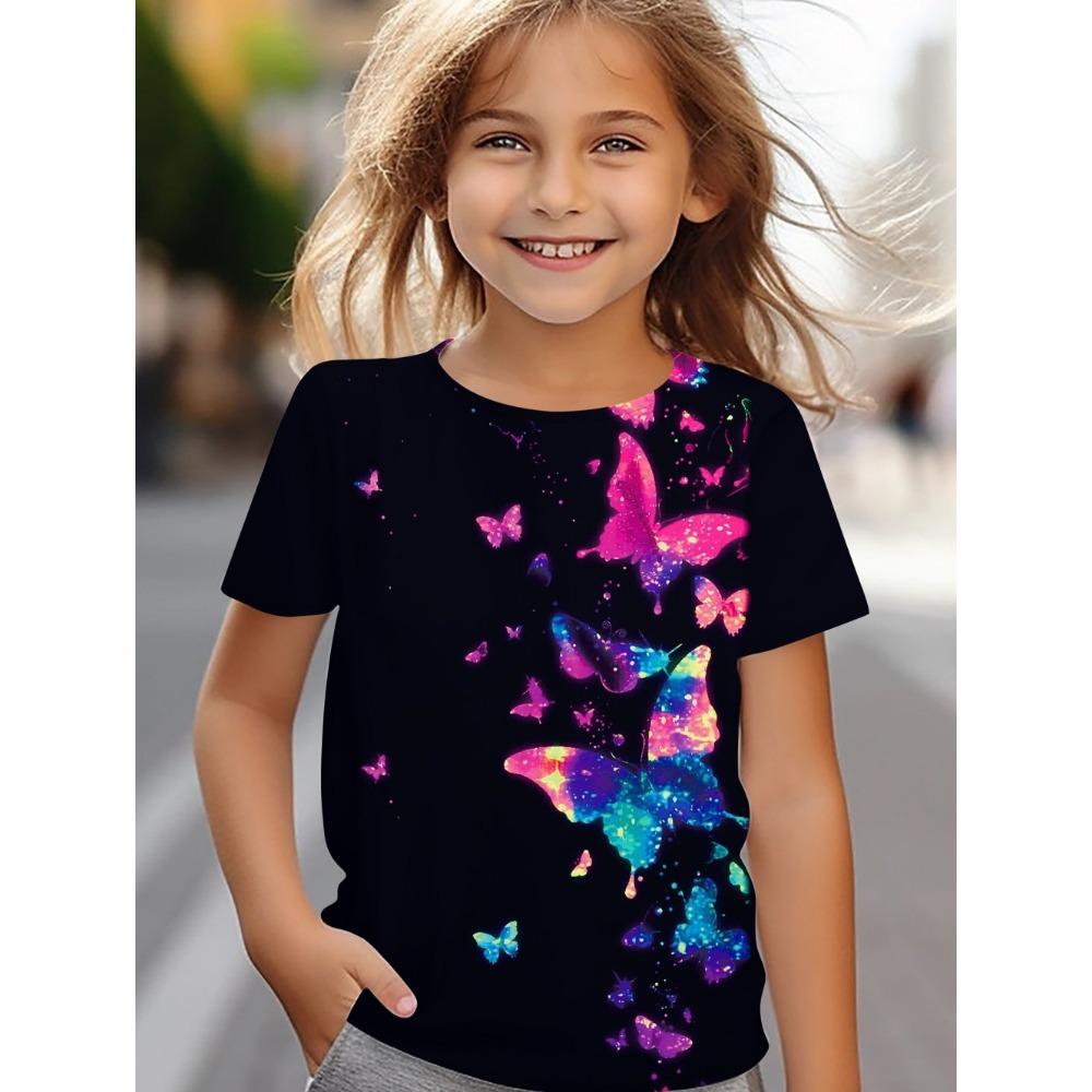 Children's Clothing, Women's Clothing, Summer Short Sleeved Kawaii Butterfly Printed Girls' T-shirt, Fashionable Round Neck Children's Clothing