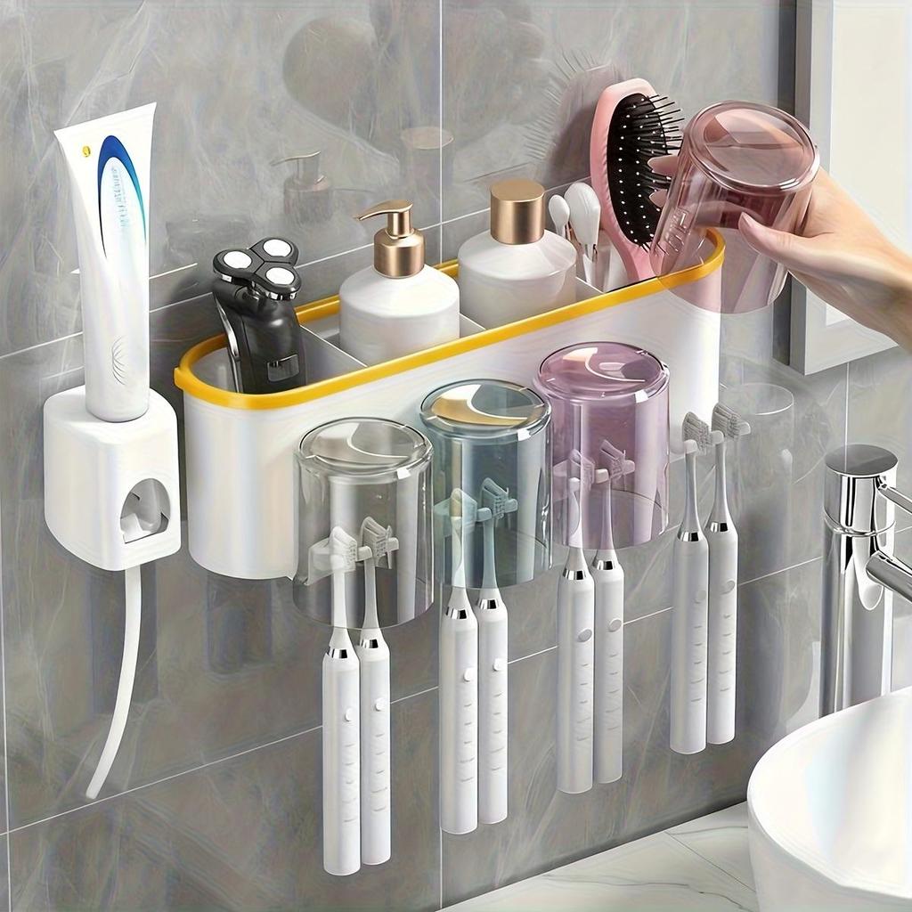 [No-Drill] Wall-Mounted Toothbrush Holder Set - No-Drill, Space-Saving, Transparent - Bathroom Organizer for Toothpaste & Brushes