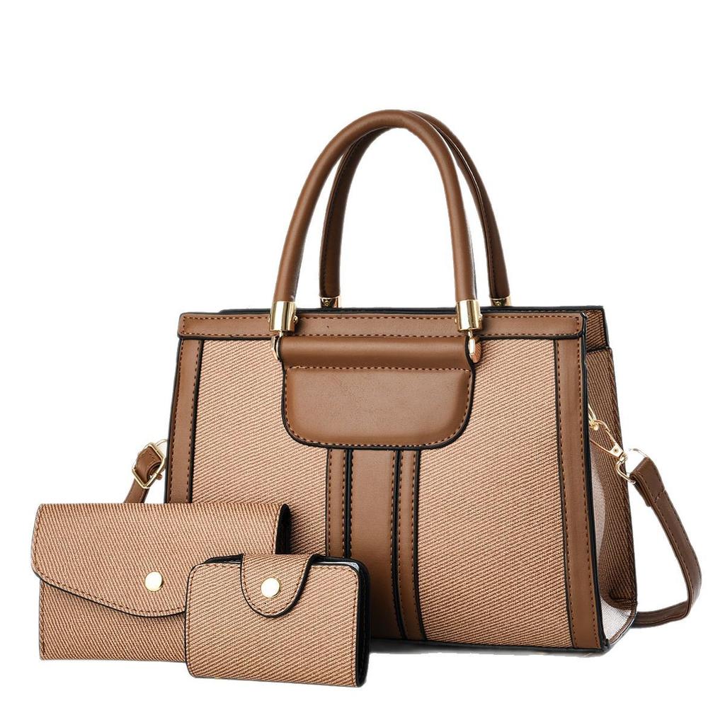 New High Appearance Horizontal Splicing Bag Three-piece Canvas Texture Handbag Leisure Large Capacity Single Shoulder Crossbody Bag