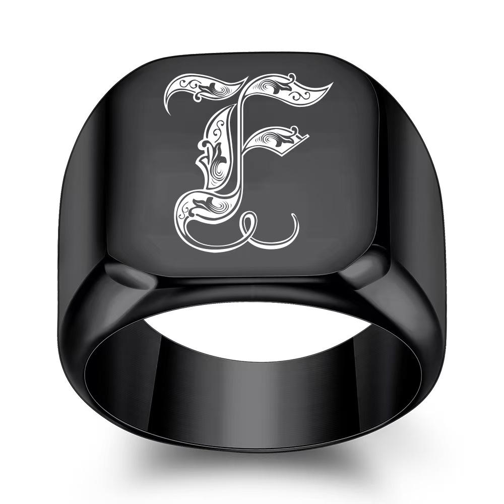 Retro Initials Signet Ring for Men Bulky Heavy Stamp Male Band Stainless Steel Letters Jewelry