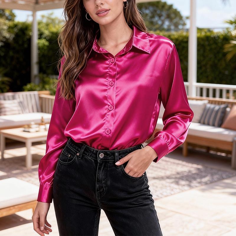 Women's Spring Summer White Satin Long Sleeve Button Down Blouse