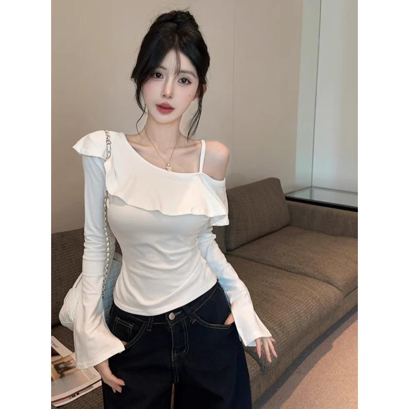 Autumn Sweet & Spicy Korean Ruffled Asymmetrical Camisole T-shirt: Women's Slimming, Versatile Long-sleeve Top