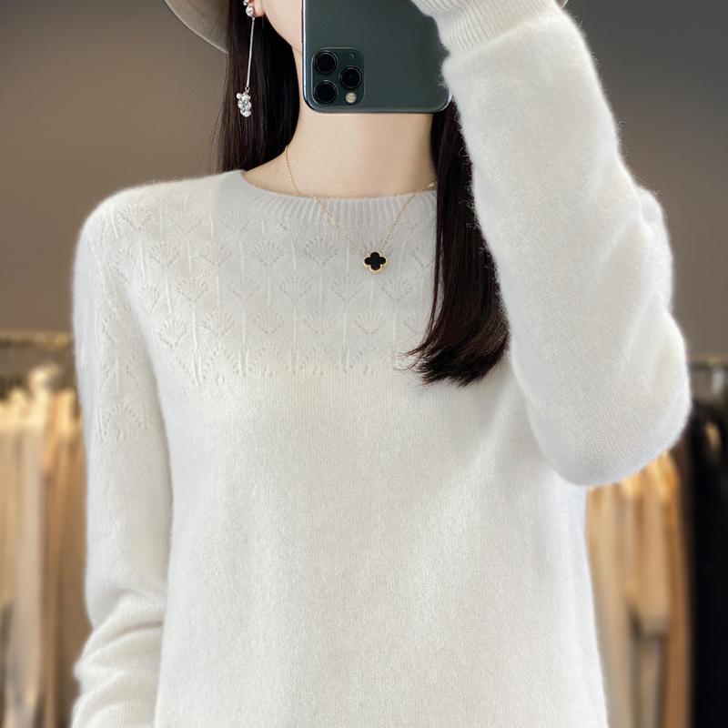 Women's Round Neck Sweater, Qinghe Cashmere, 30% Cashmere 70% Wool, Hollow Winter Knitted Pullover Autumn Sweater Cashmere Sweater