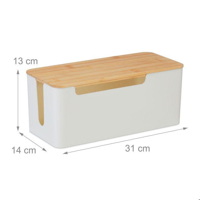 Relaxdays Kabelbox für 2 Mehrfachsteckdosen, Deckel aus Bambus, Kunststoff, HxBxT: 13x31x14 cm, Gehäuse, weiß - natur