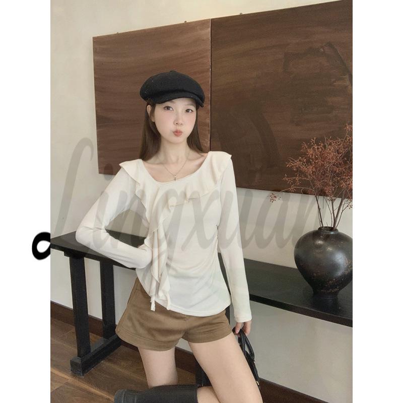 Spring 2026 Plus Size Women s Asymmetrical Neck Ruffle Long Sleeve Slim Fit Top XL Plus Size