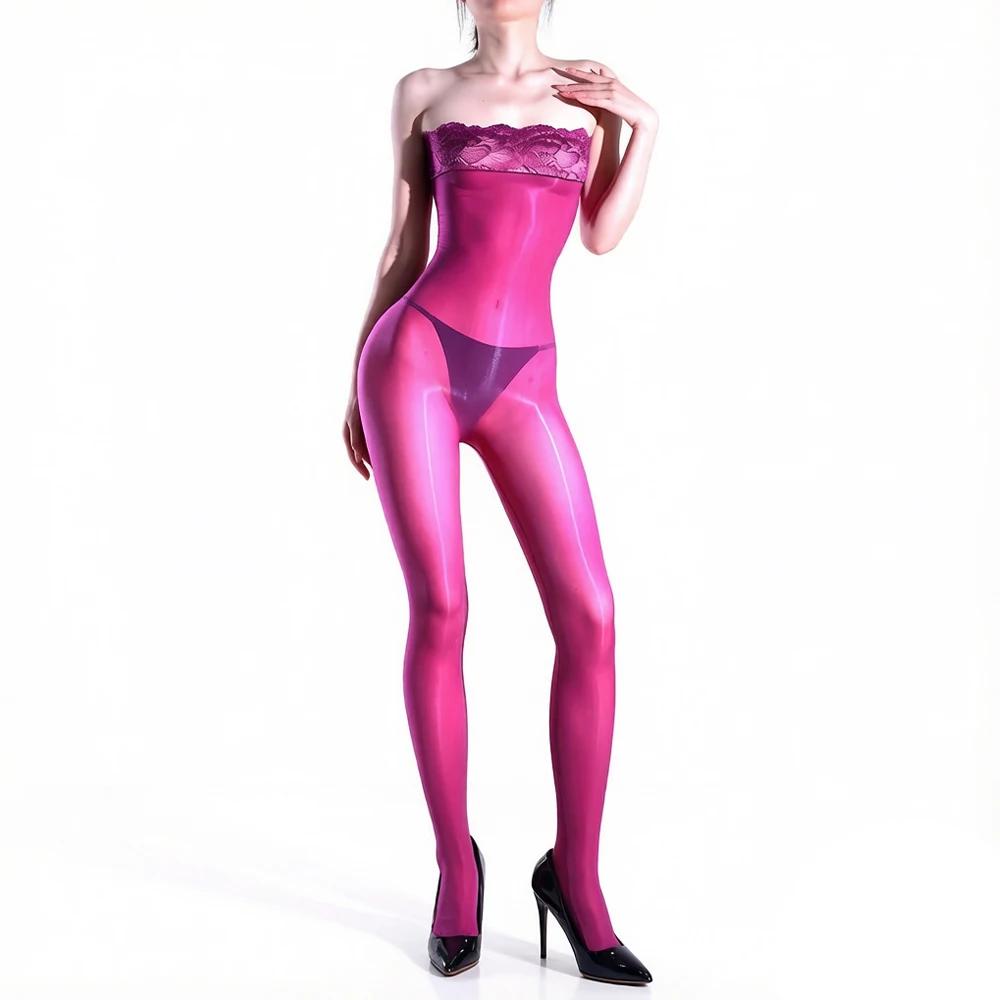Fashion Women Lace Strapless Bodysuit 5D Oil Glossy Shiny Jumpsuit Yoga Shaping Tights Patchwork Open Crotch Maid Leotard