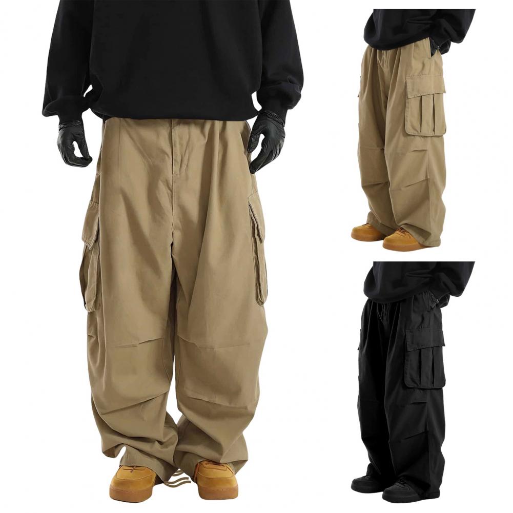 Men Cargo Pants Multi Pockets Drawstring Elastic Waist Vintage Wide Leg Hip Hop Streetwear Loose Solid Color Outdoor Long Trouse