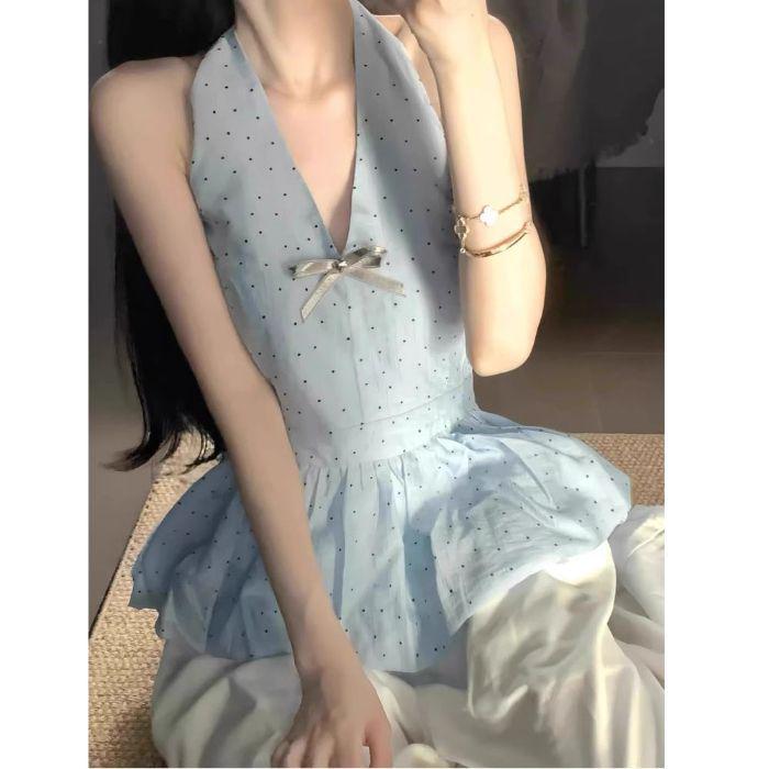 Blue Polka Dot Bow Knot Halter Crop Top - Women s Summer Fashion S