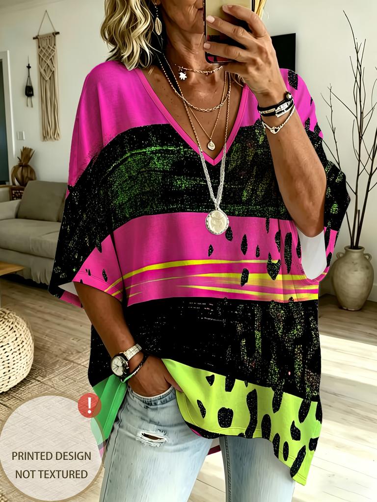 Plus Size Women's Casual V-neck Three-quarter Sleeves, Fluorescent Contrast Stitching Print, Loose and Trendy Street Style Top