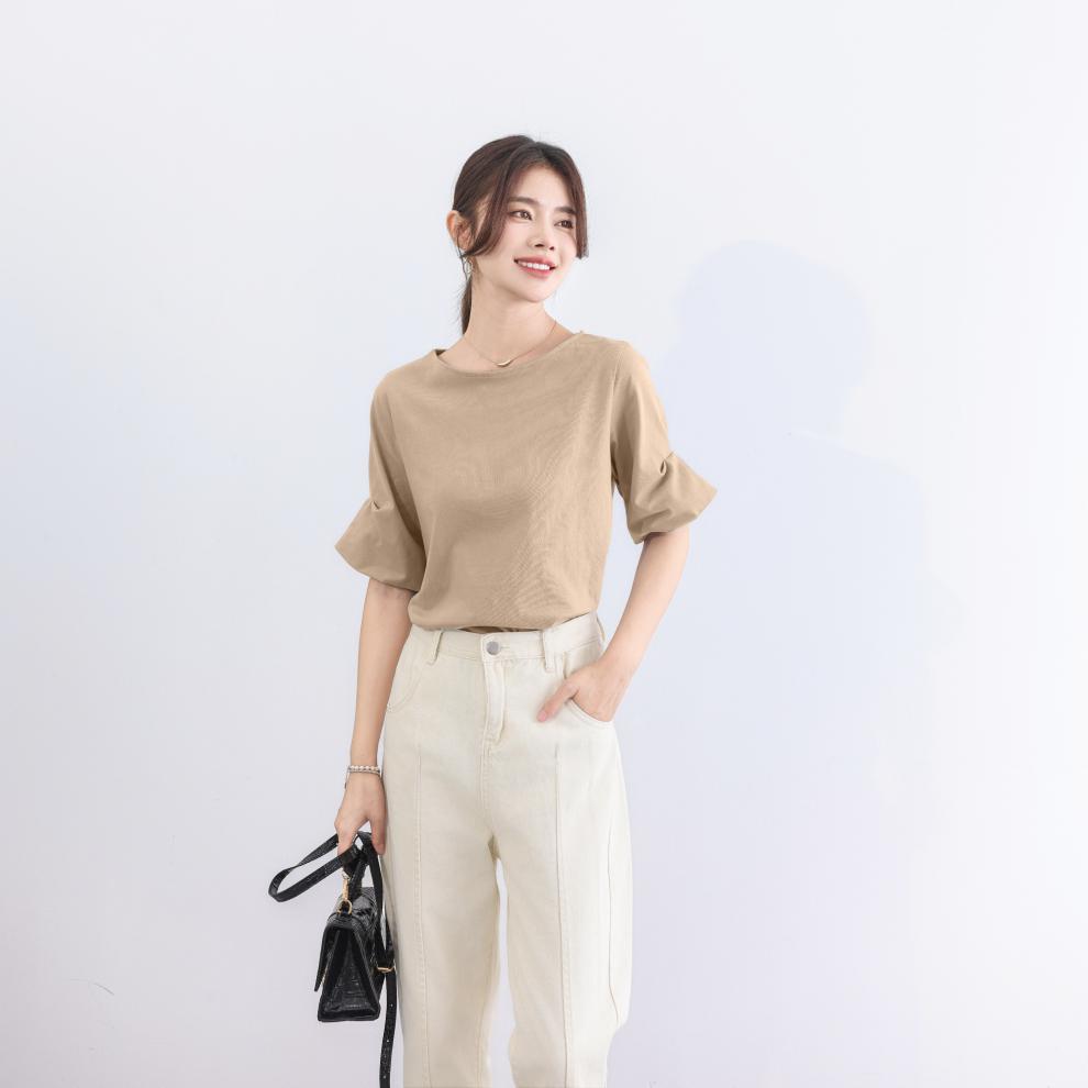 Cotton Blends T-shirt for Women Summer Japanese Solid Color Round Neck Flared Sleeve Basic Elegant Top