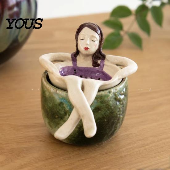 Unique Tea Steeper for Loose Bathing Girl Infuser Leaf Tea, Fine Mesh Strainer, Creative Resin Compact Office Sitting Figure Filter Cups and