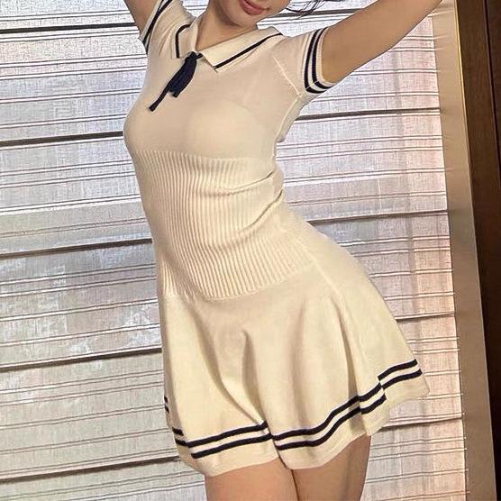 2025 Youthful Striped Knit Polo Dress - Sweet & Stylish