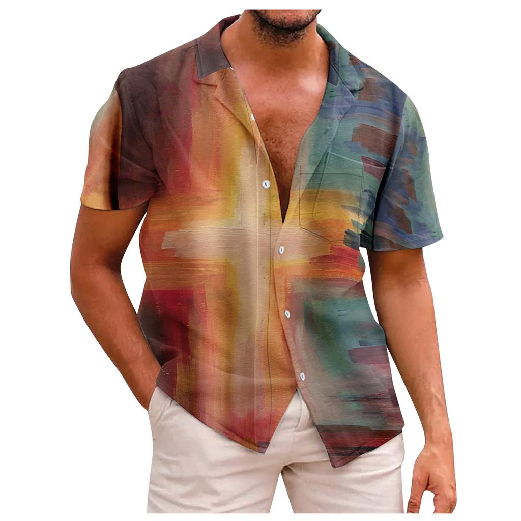 Summer New Men's Printed Slim Fit Shirt Large Fashion Casual Short Sleeve Shirt Men