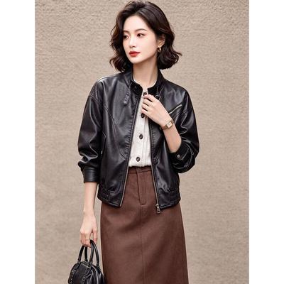 EST+II Retro Hong Kong Style Stand Collar Faux Leather Biker Jacket