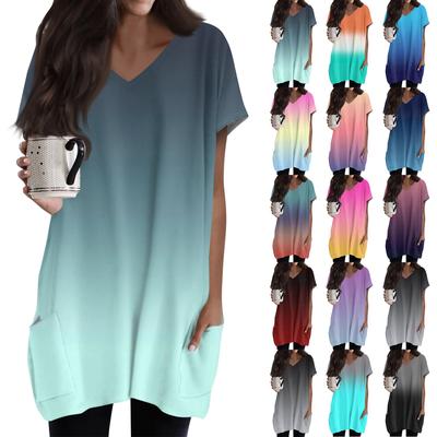 Damen Tops V-Ausschnitt Kurzarm Blusen Lässige Mittellange Shirts Modischer Print Tunika Tops Mit Taschen