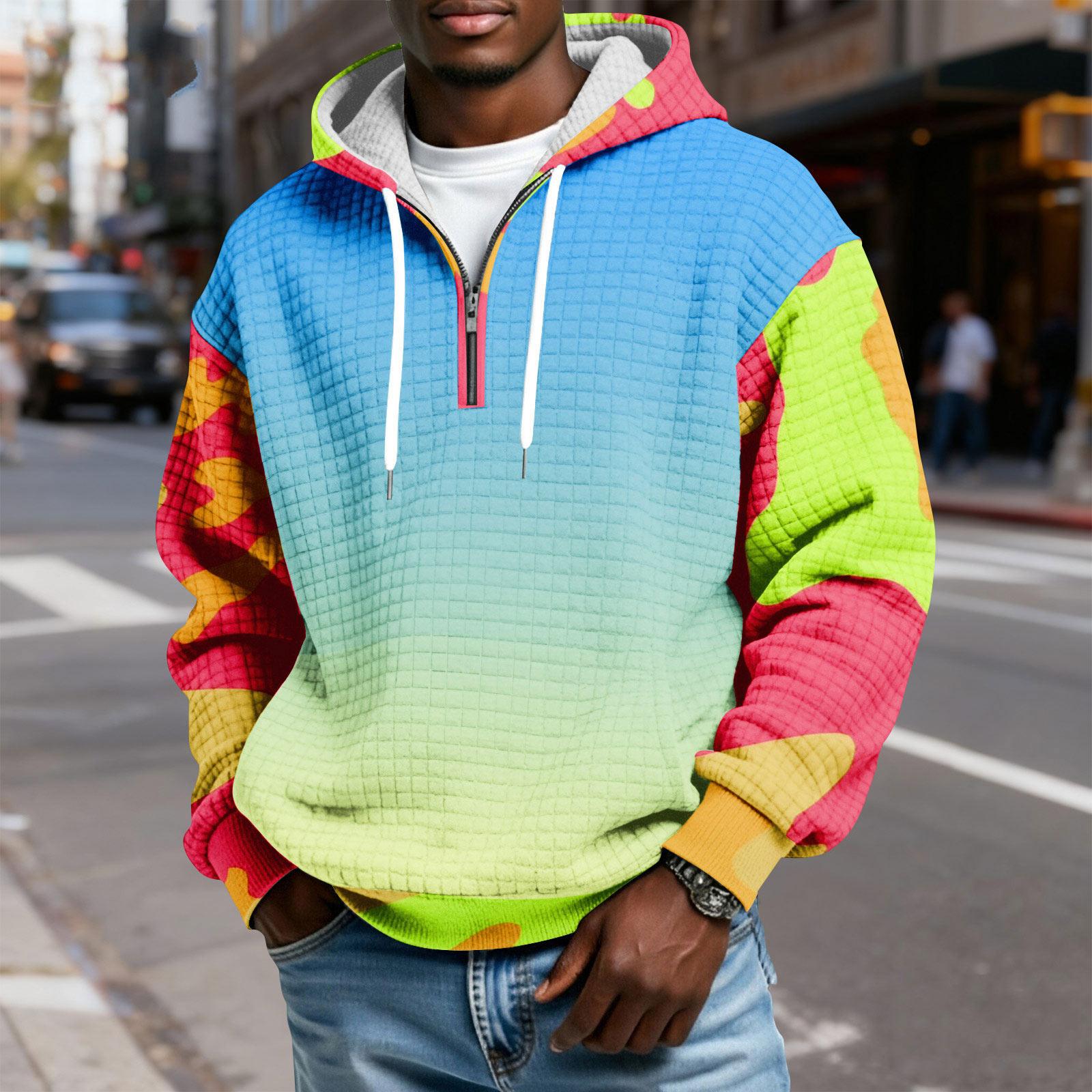 

Men s Half-Zip Hooded Plaid Pullover Drawstring Print Casual Sports Sweatshirt XXL