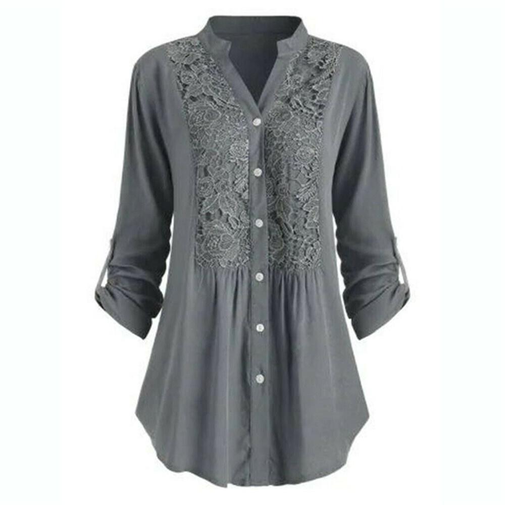 Women Solid Color Lace Splicing Single Breasted Shirt Casual Stand Collar Long Sleeves Plus Size T-Shirt Loose Cotton Blouse