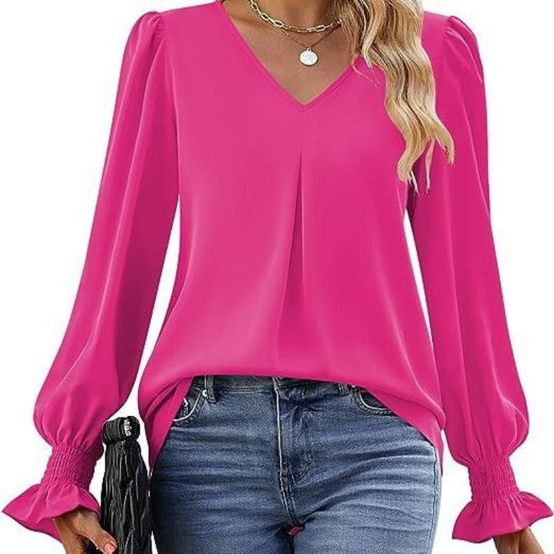 

Women s V-Neck Long Sleeve Blouse with Ruffled Cuffs in Multiple Colors S рожевий червоний колір