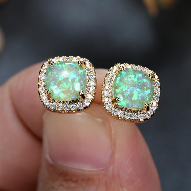 Female Luxury Green Crystal Zircon Stone Stud Earrings Vintage Gold Color Wedding For Women