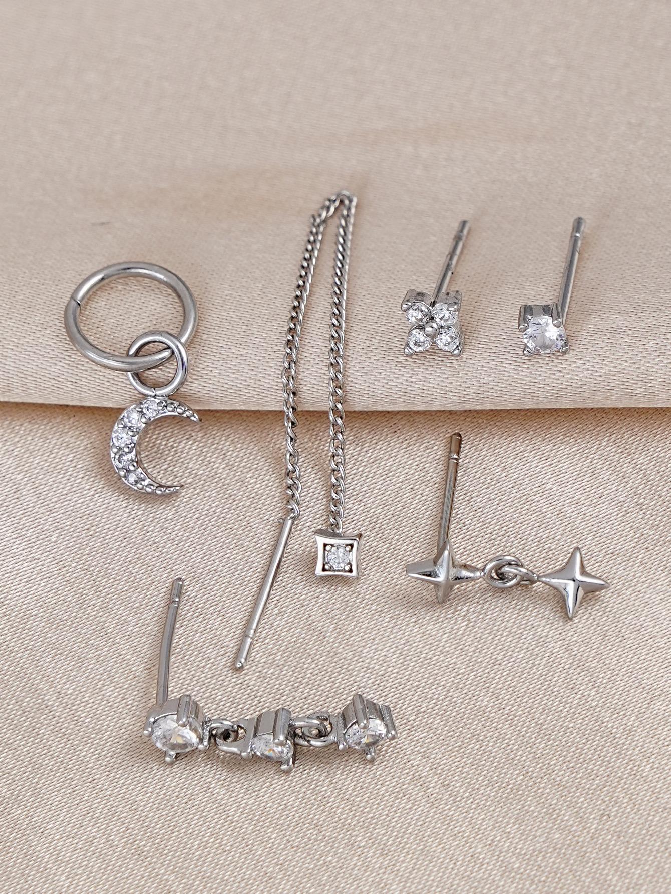 6pcs Retro Star & Moon Pendant Earrings Set Cubic Zirconia Women s Fashion Jewelry for Vacations Music Festivals Commuting