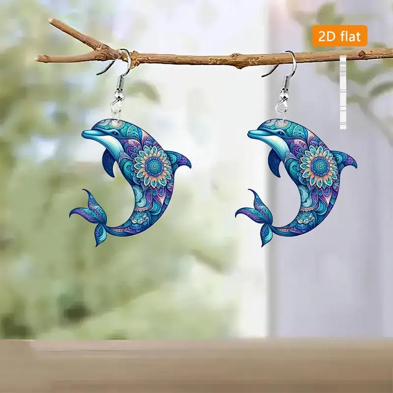 Cross-border hot-selling blue dolphin earrings 2D acrylic niche high-end sense new Chinese flower cartoon animal earrings
