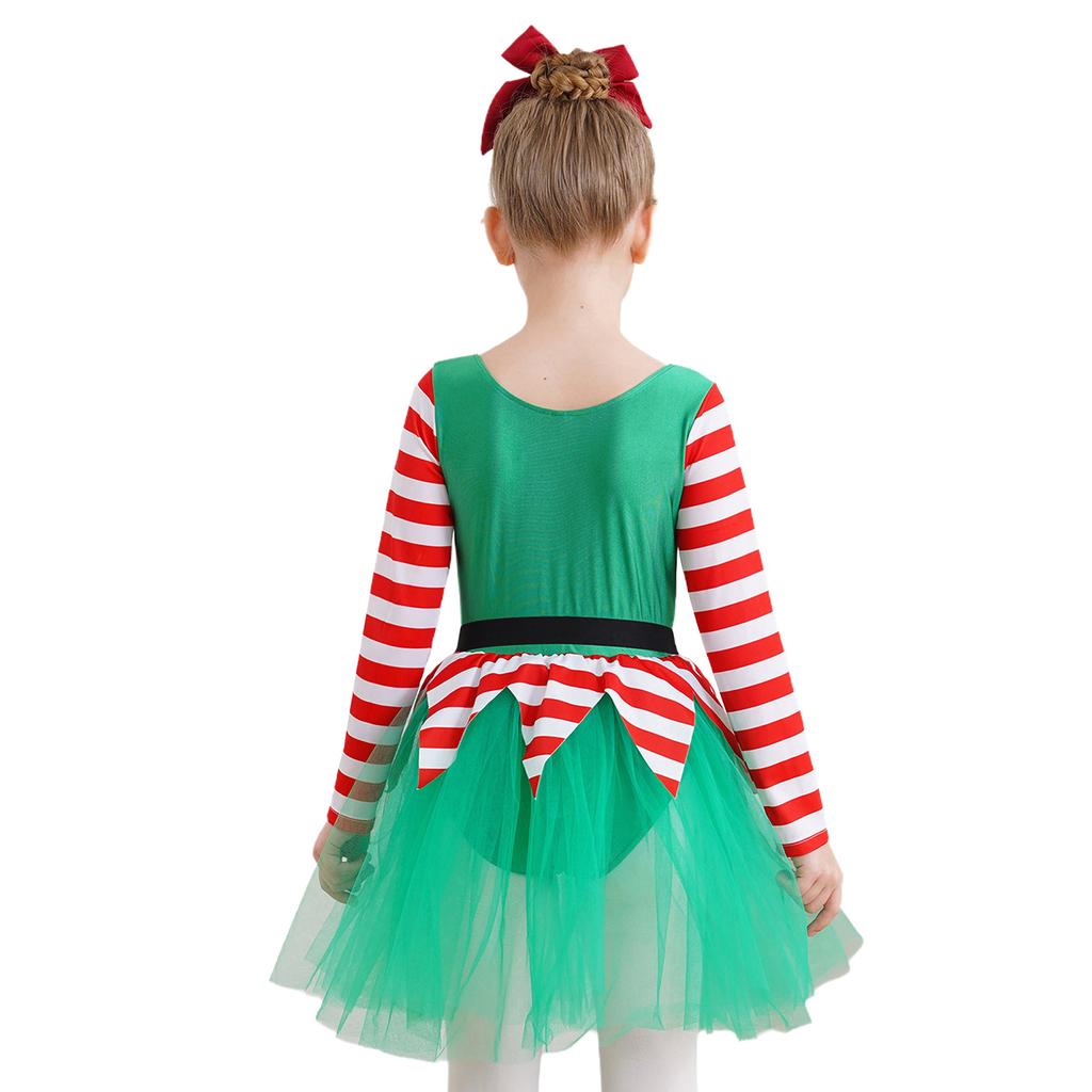 Girls Christmas Elf Costume Santa Little Helper Dress Striped Tutu Bodysuit Holiday Party Suit