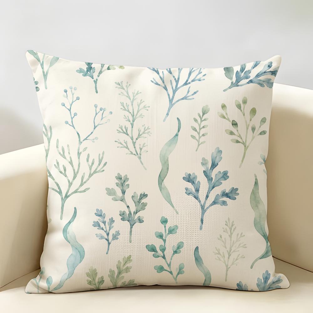 Green And Blue Coral Leaves Cushion Cover Natural Linen Organic Fabric Double-Sided Printing Breathable Perfect For Home Decor