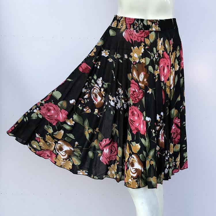Floral Ice Silk Summer Midi Skirt with Elastic Waist for Middle-Aged & Elderly Women