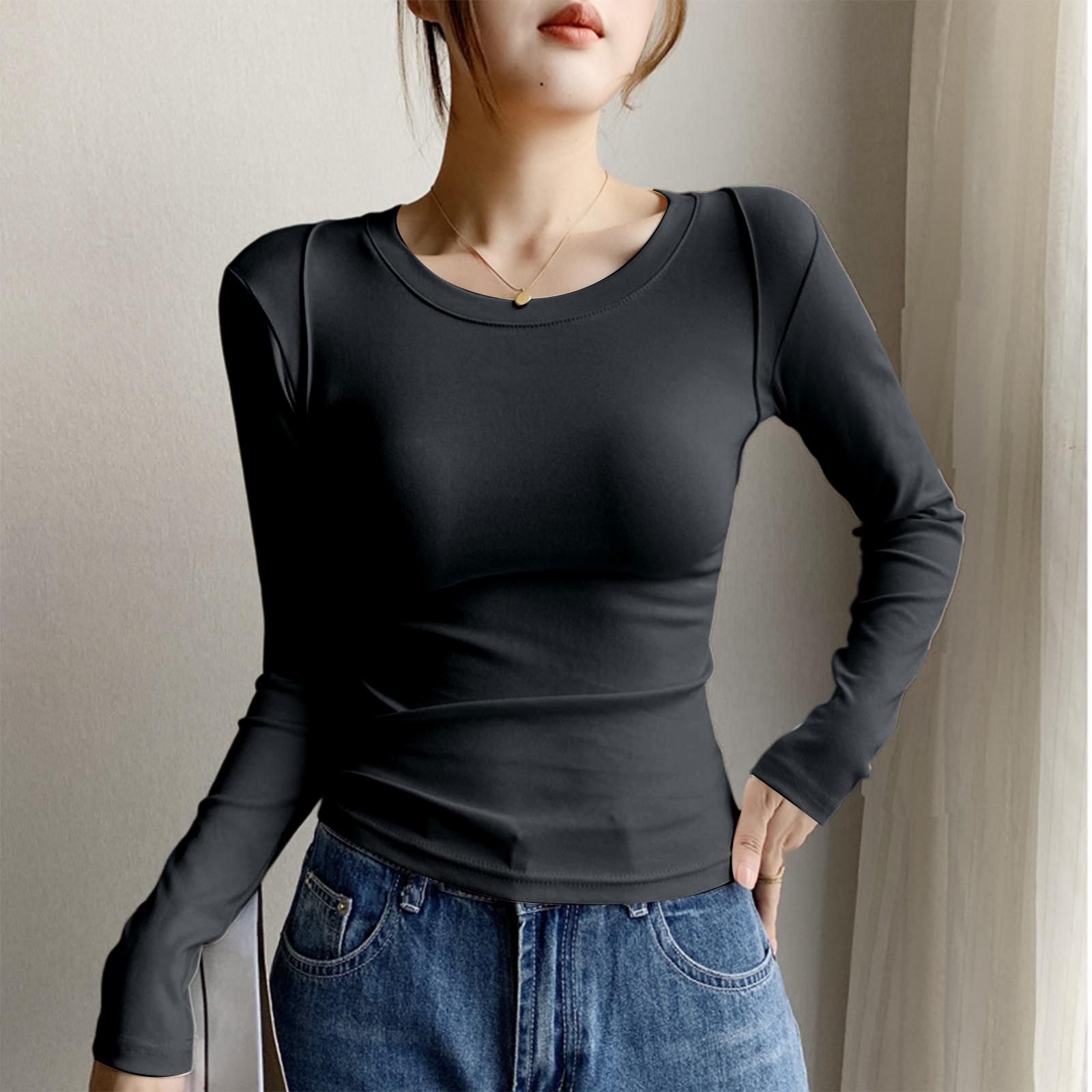

Women s Fashionable And Casual Solid Color Long Sleeve Base Layer Top S чёрный
