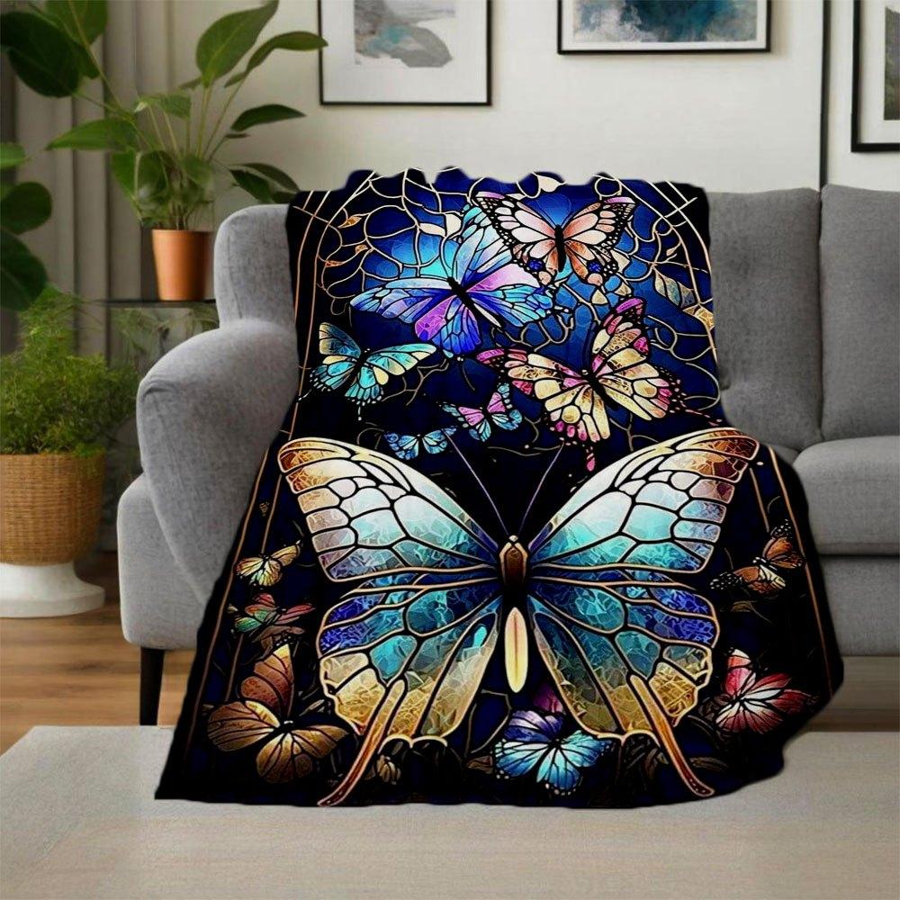 "Stained Glass Butterfly Window Art Decor"Blanket Flannel Throw Blanket for Sofa, Bed, Travel, Camping, Office, Couch, Chair, And Bed Gift f