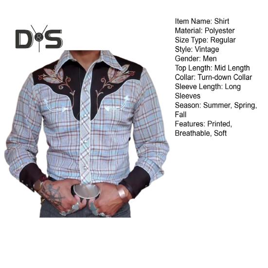 Men Spring Shirt Vintage Western Cowboy Print Single-breasted Slim Fit Long Sleeve Turn-down Collar Buttons Streetwear Casual Business Cardigan Shirt