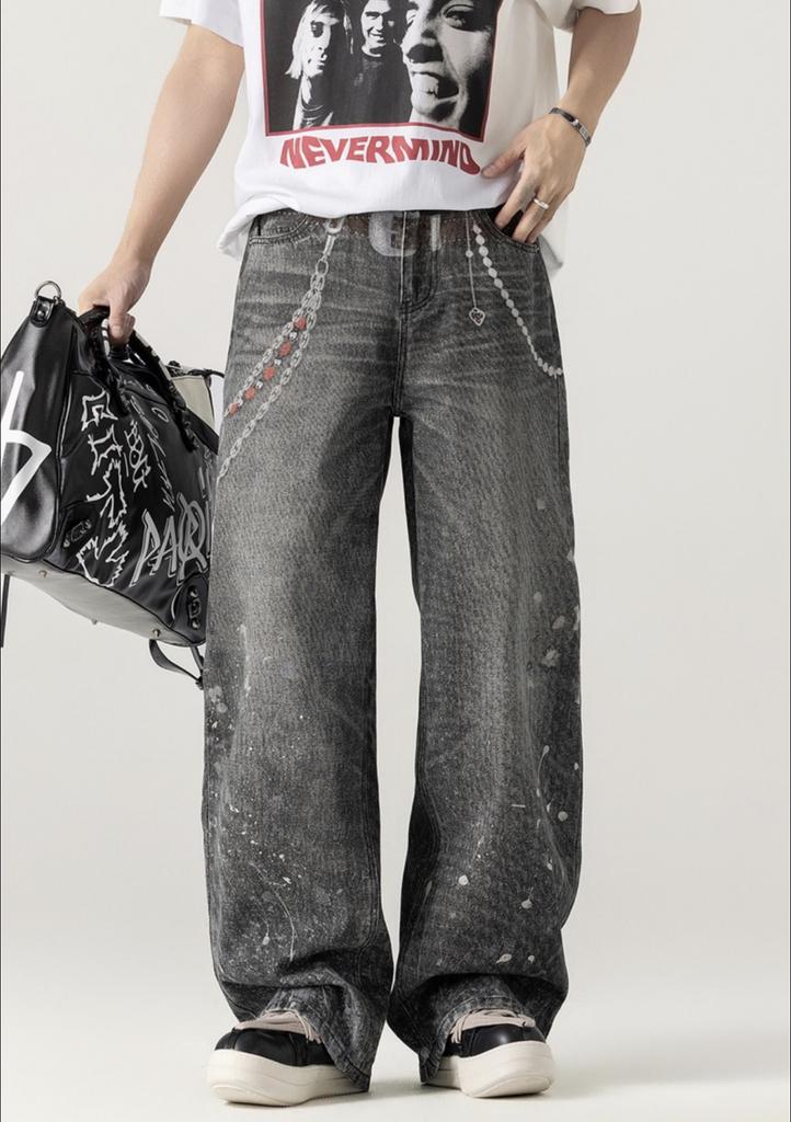 American new painted graffiti men and women couples washed and sprayed dirty loose jeans trousers tide