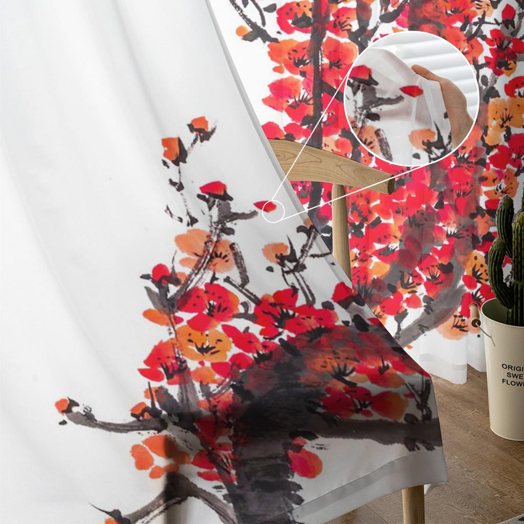 Ink Painting Plum Blossom Branch Flower Plant Tulle Sheer Curtains For Living Room Bedroom Decoration Voile Organza Curtains